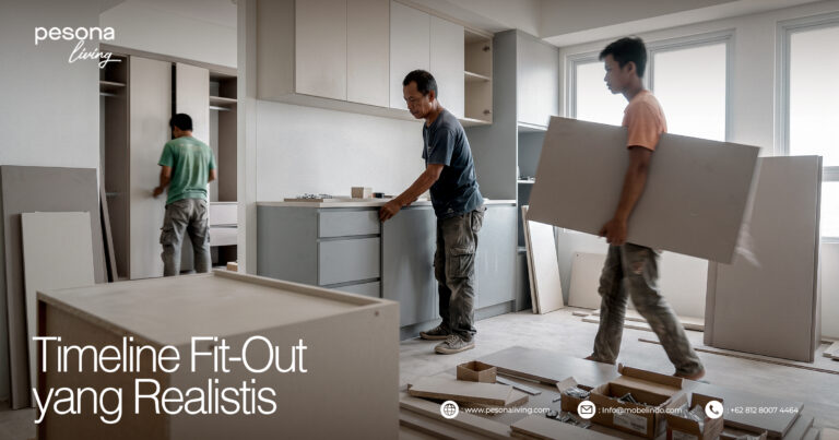 Progres pengerjaan fit-out interior di hunian cluster premium kawasan Bintaro dengan tim kontraktor sedang melakukan pemasangan furniture custom
